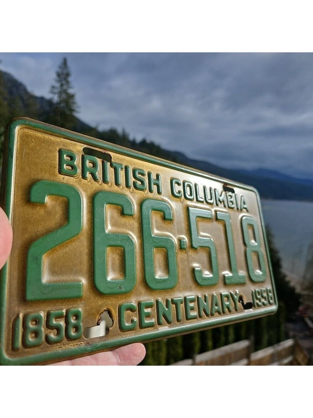 1958 Centenary British Columbia BC Canada License Plate Green Letters & Gold